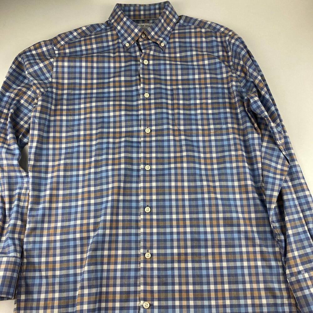 Peter Millar Men M Blue Plaid Stretch Button Down Shirt Cotton Lyocell